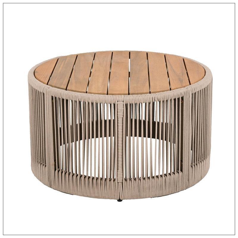 Bej Halat Örgü Kaideli Doğal Akasya Ağacı Yuvarlak Orta Sehpa - 67x37 cm - 245137