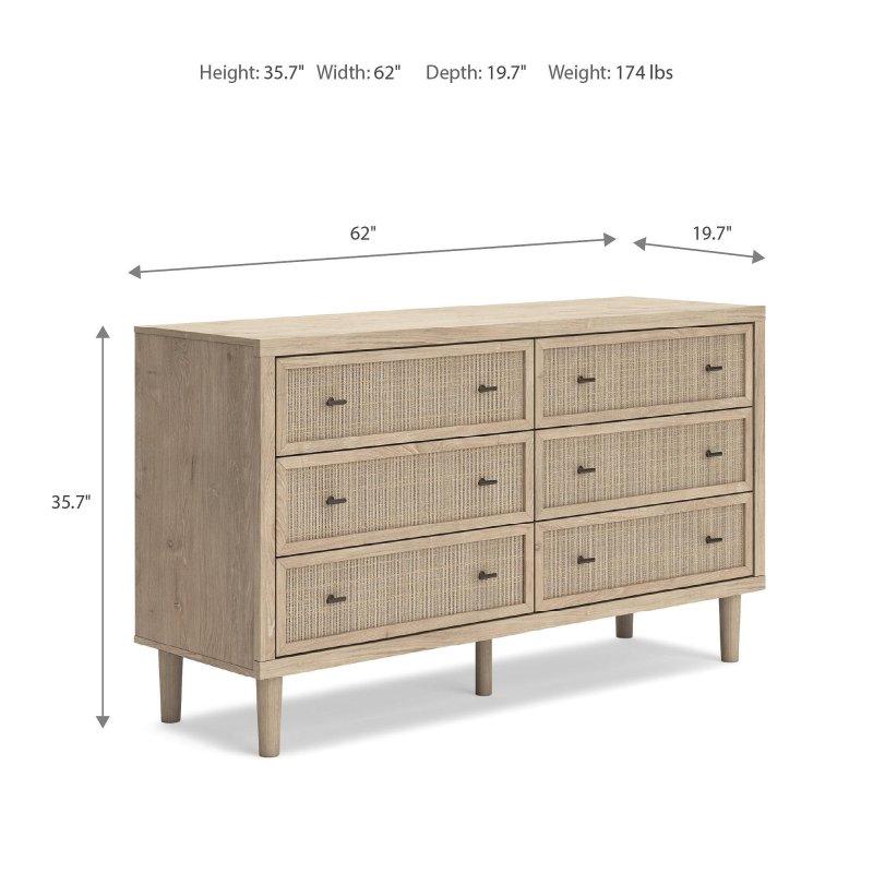 Bej Hasır Detaylı Meşe Dokulu 6 Çekmeceli Şifonyer - 158 cm - 294848