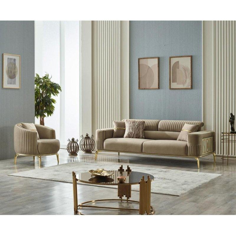 Bej Kadife Ahşap Detaylı Gold Metal Ayaklı 3 Kişilik Yataklı Bohem Koltuk - 229x97 cm - 282527