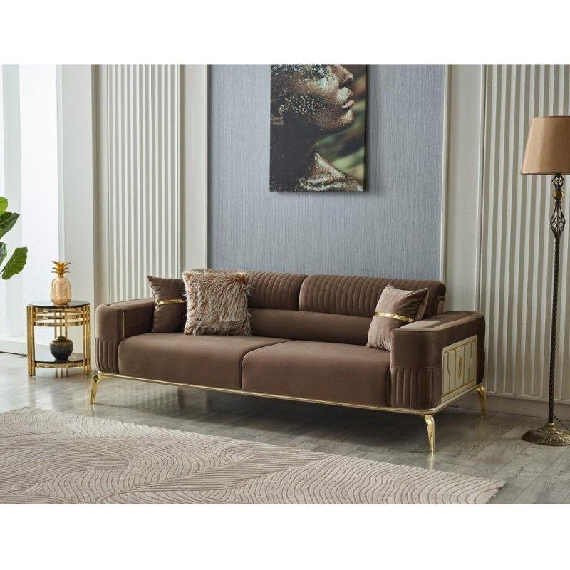 Bej Kadife Ahşap Detaylı Gold Metal Ayaklı 3 Kişilik Yataklı Bohem Koltuk - 229x97 cm - 282527