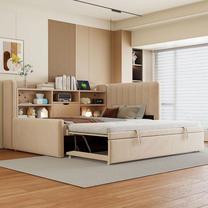 Bej Kadife Ahşap Yavru Yataklı Raflı USB Portlu Daybed Karyola - 204x103x97 cm - 329729