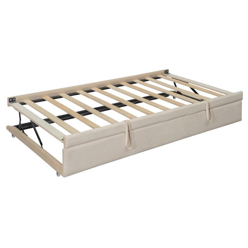 Bej Kadife Ahşap Yavru Yataklı Raflı USB Portlu Daybed Karyola - 204x103x97 cm - 329729