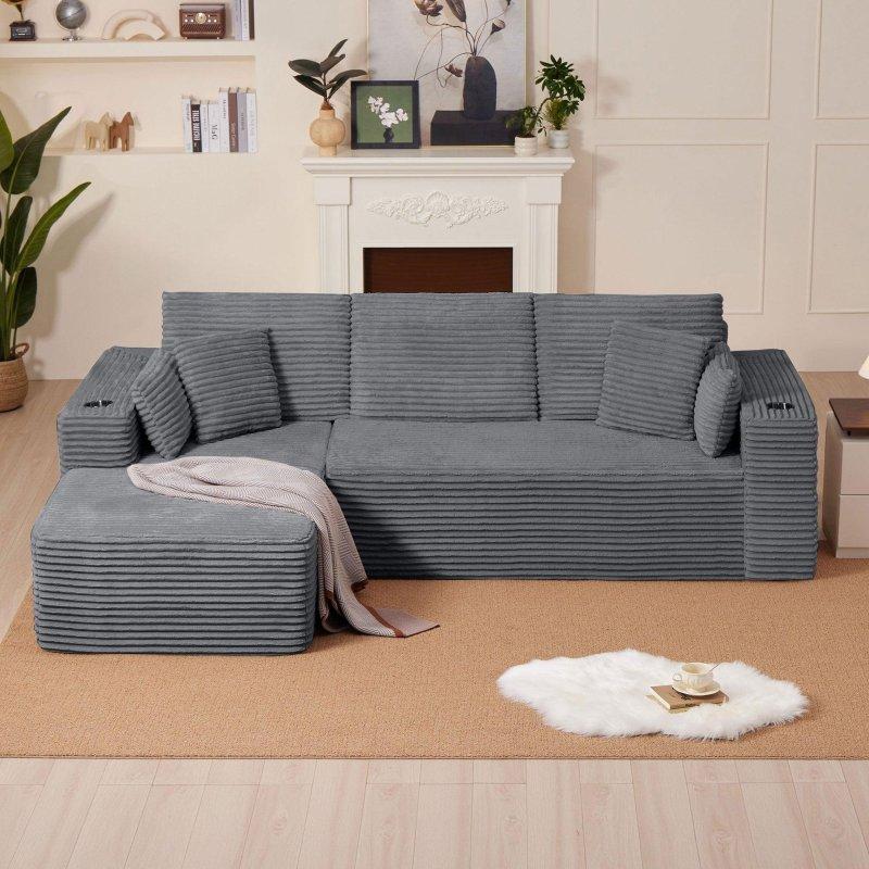 Bej Kadife Başlıklı Şezlonglu Köşe Koltuk - 262 cm - 256124