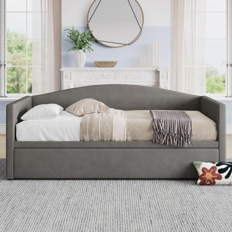 Bej Kadife Döşemeli Açılır Yavru Yataklı Daybed Karyola - 330139