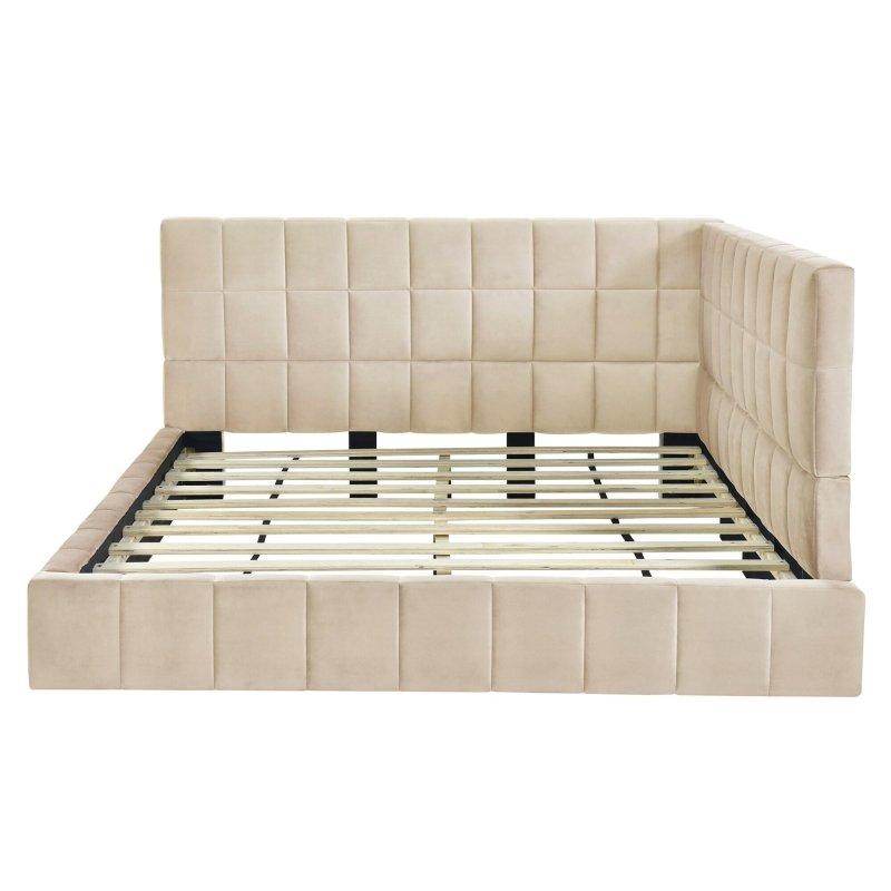 Bej Kadife Döşemeli Ahşap Kolçaklı Daybed Karyola - 206x152 cm - 330158