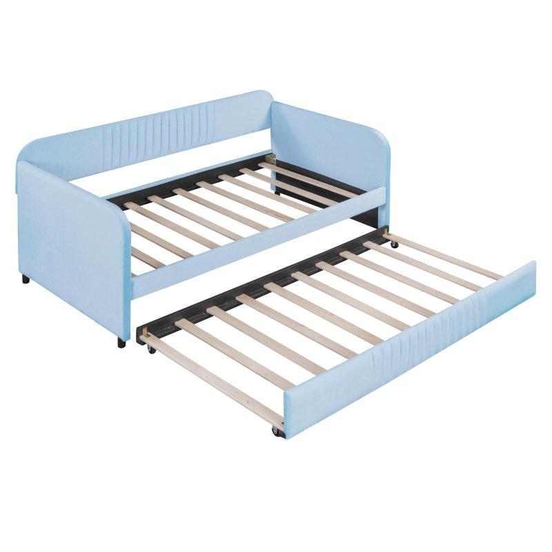 Bej Kadife Döşemeli Ahşap Yavru Yataklı Daybed Karyola - 202x104 cm - 329725