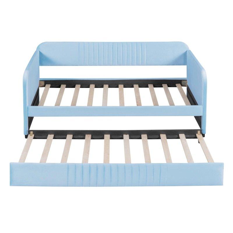 Bej Kadife Döşemeli Ahşap Yavru Yataklı Daybed Karyola - 202x104 cm - 329725