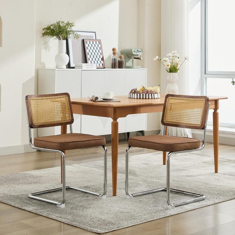 Bej Kadife Döşemeli Krom Ayaklı Konsol Tasarım Rattan Sandalye - 2li Set - 252078