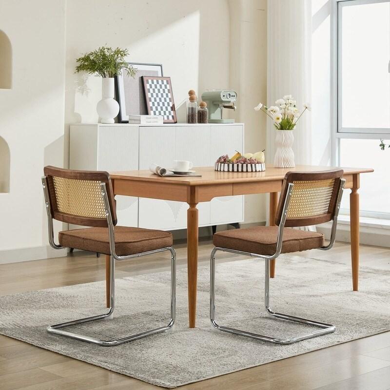 Bej Kadife Döşemeli Krom Ayaklı Konsol Tasarım Rattan Sandalye - 2li Set - 252078