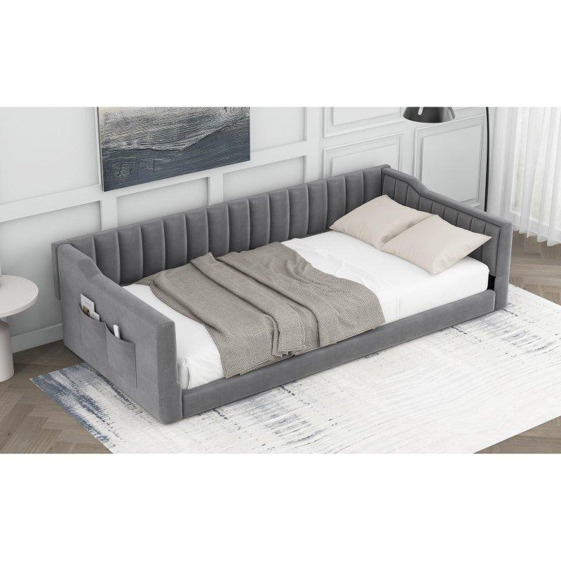 Bej Kadife Döşemeli Yan Cepli Kapitoneli Daybed Karyola - 224x104 cm - 329810