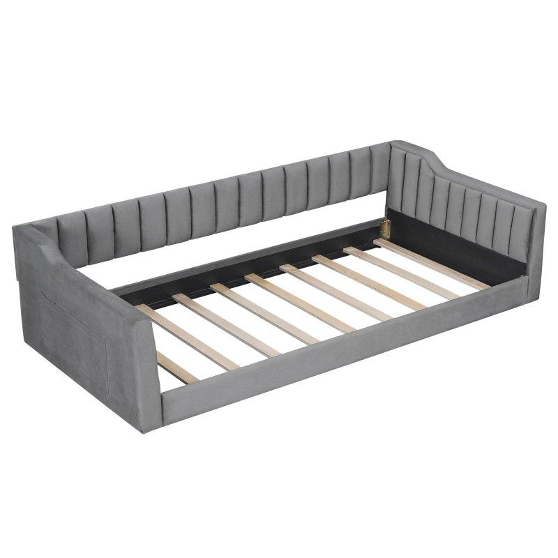 Bej Kadife Döşemeli Yan Cepli Kapitoneli Daybed Karyola - 224x104 cm - 329810