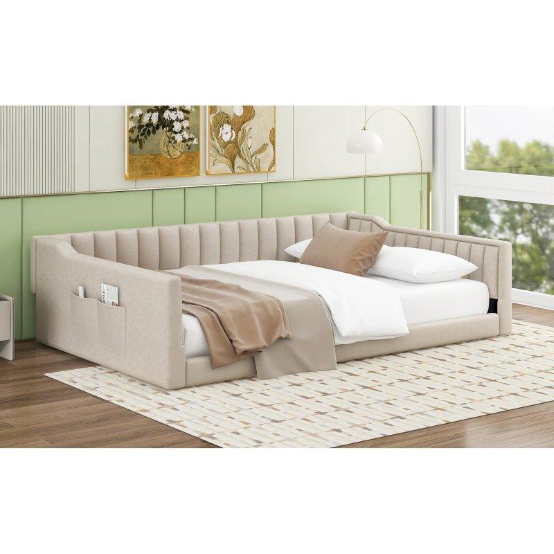 Bej Kadife Döşemeli Yan Cepli Masif Ahşap Daybed Karyola - 224x142 cm - 329862
