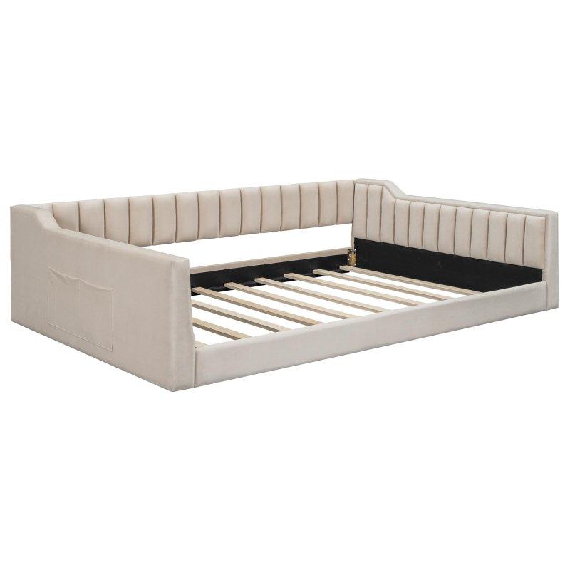 Bej Kadife Döşemeli Yan Cepli Masif Ahşap Daybed Karyola - 224x142 cm - 329862