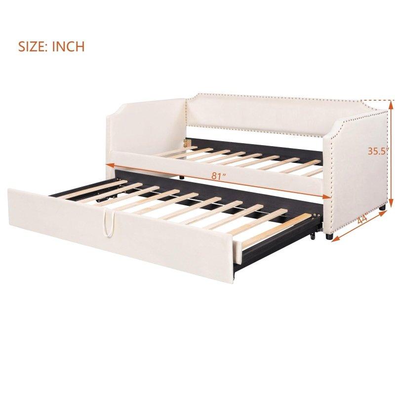 Bej Kadife Döşemeli Zımba Detaylı Yavru Yataklı Ahşap Daybed Karyola - 330626