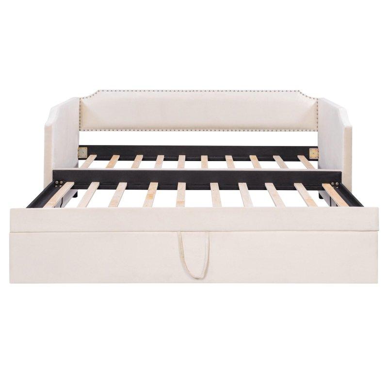 Bej Kadife Döşemeli Zımba Detaylı Yavru Yataklı Ahşap Daybed Karyola - 330626