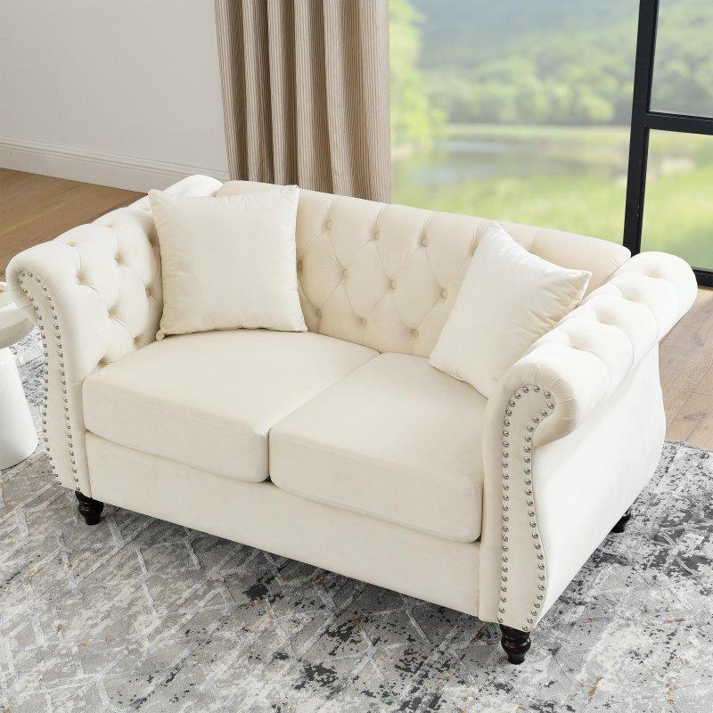 Bej Kadife Düğme Kapitoneli Zımba Detaylı Chesterfield 2 Kişilik Bohem Koltuk - 150 cm - 289007