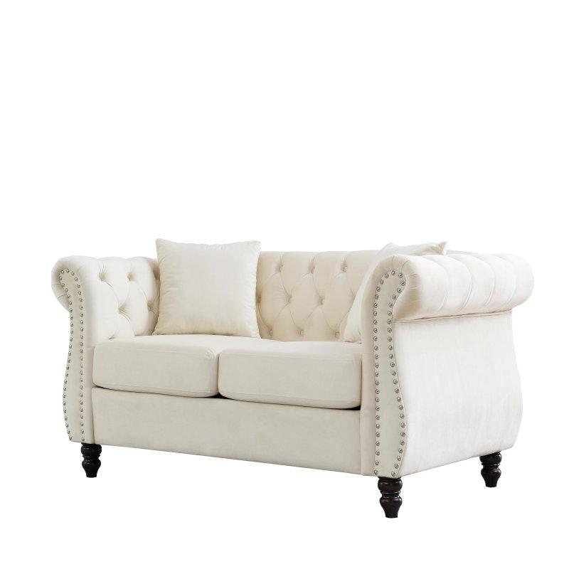 Bej Kadife Düğme Kapitoneli Zımba Detaylı Chesterfield 2 Kişilik Bohem Koltuk - 150 cm - 289007