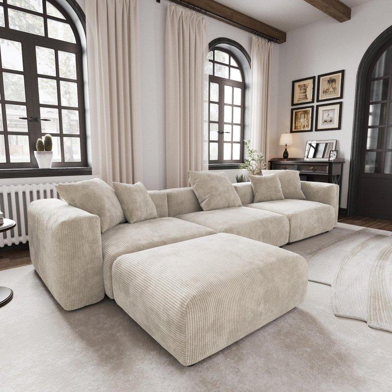 Bej Kadife Fitilli Kumaş Modüler Yönü Değiştirilebilir Puflu Köşe Koltuk - 360x190 cm - 257810