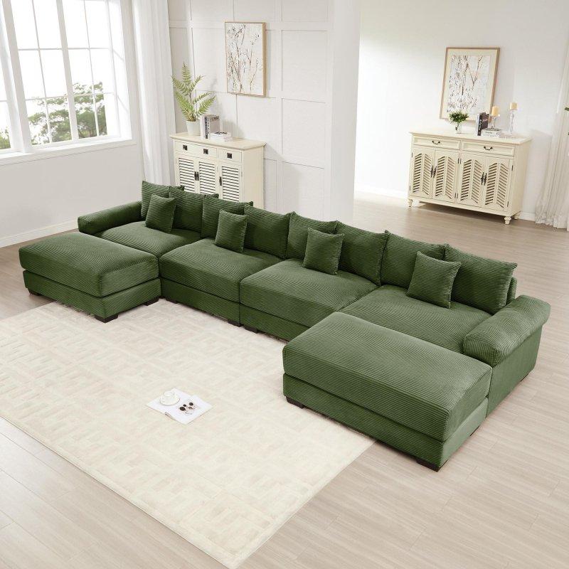 Bej Kadife Fitilli Puflu Modüler U Köşe Koltuk - 426 cm - 255505