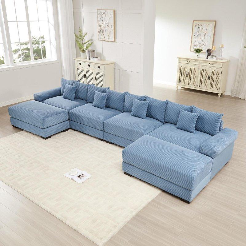 Bej Kadife Fitilli Puflu Modüler U Köşe Koltuk - 426 cm - 255505