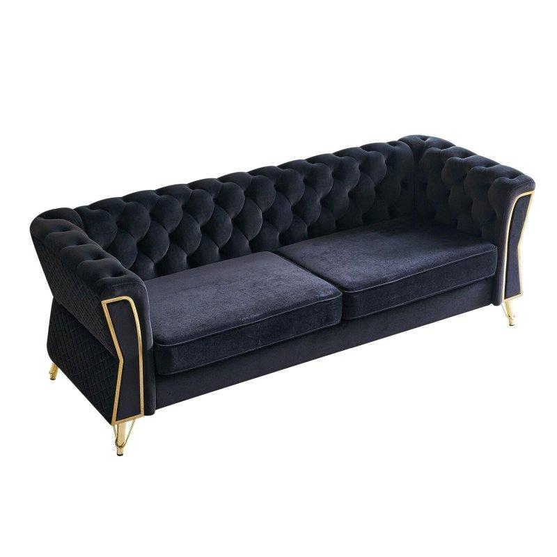 Bej Kadife Gold Metal Detaylı Kapitoneli 3 Kişilik Bohem Koltuk - 222 cm - 287066
