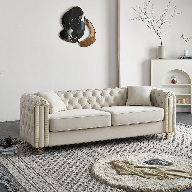 Bej Kadife Kapitoneli Gold Detaylı Metal Ayaklı Bohem Koltuk - 219 cm - 282963
