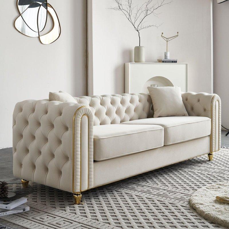 Bej Kadife Kapitoneli Gold Detaylı Metal Ayaklı Bohem Koltuk - 219 cm - 282963