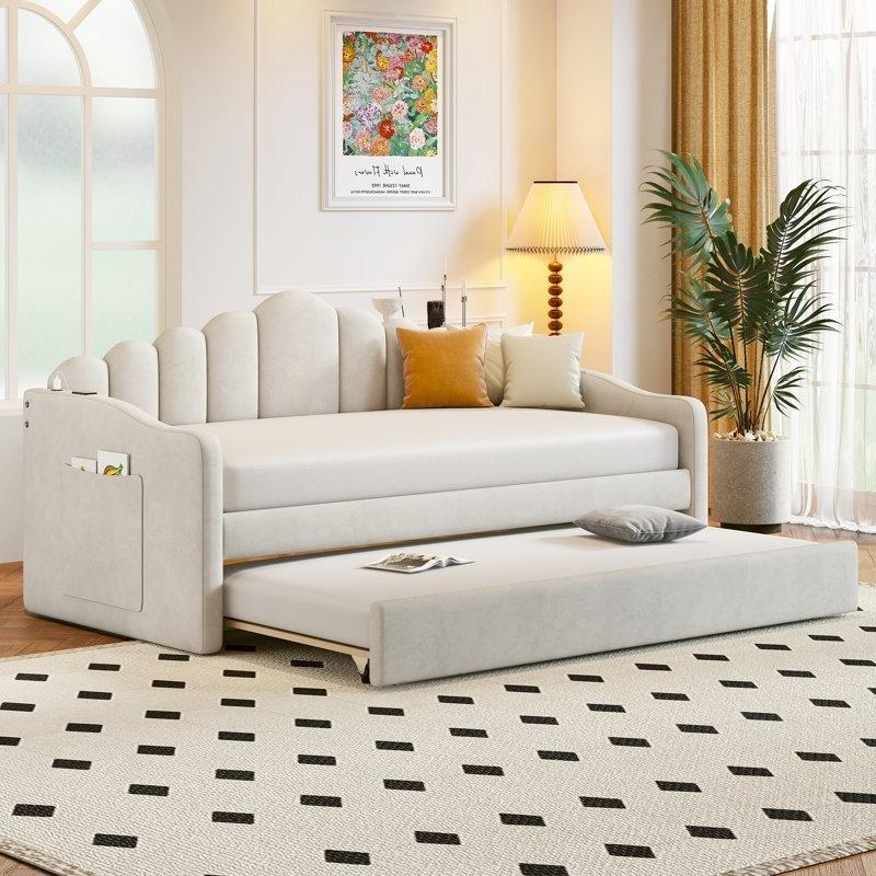 Bej Kadife Kapitoneli USB Portlu Yavru Yataklı Karyola - 207x106 cm - 328315