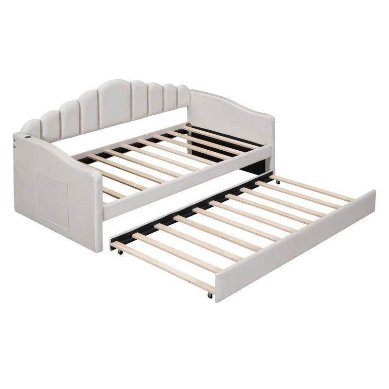 Bej Kadife Kapitoneli USB Portlu Yavru Yataklı Karyola - 207x106 cm - 328315