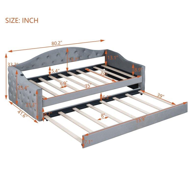 Bej Kadife Kapitoneli USB Type-C Portlu Yavru Yataklı Daybed Karyola - 330187