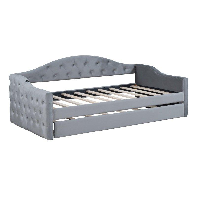 Bej Kadife Kapitoneli USB Type-C Portlu Yavru Yataklı Daybed Karyola - 330187