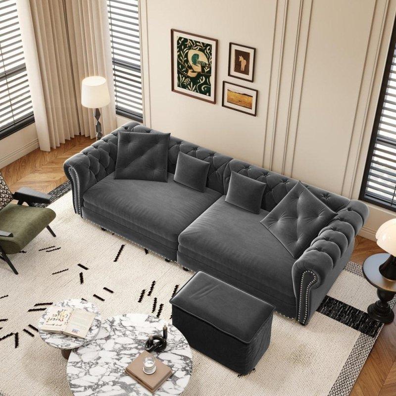Bej Kadife Kapitoneli Yataklı Hareketli Puflu Chesterfield Bohem Koltuk - 227 cm - 281374