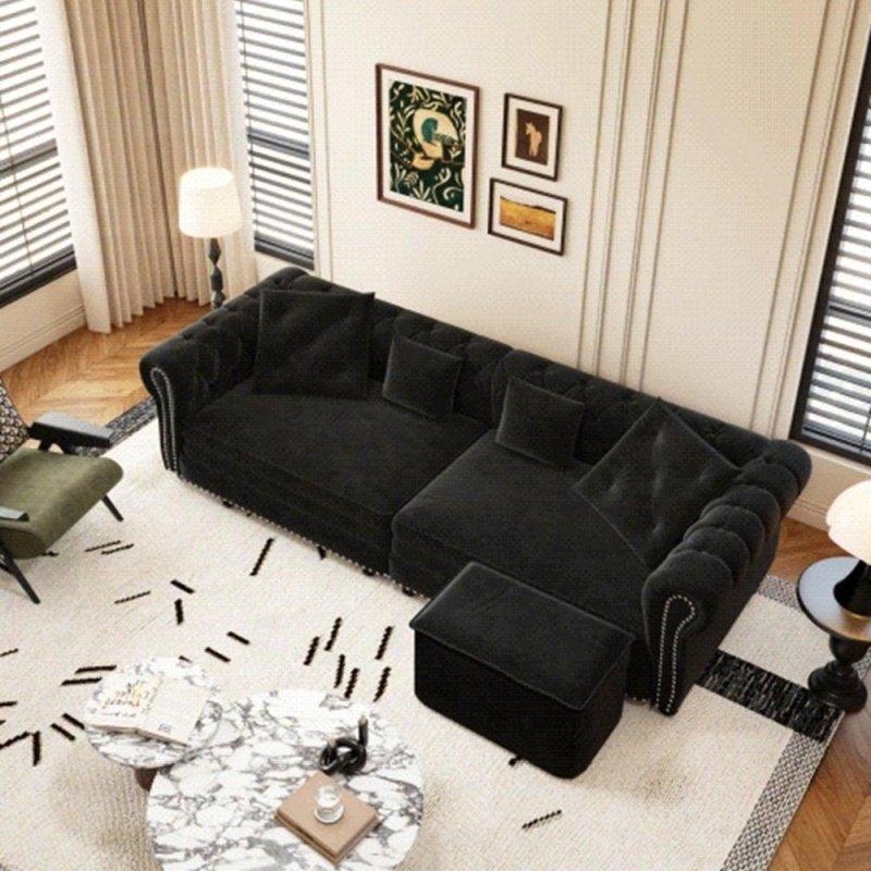 Bej Kadife Kapitoneli Yataklı Hareketli Puflu Chesterfield Bohem Koltuk - 227 cm - 281374