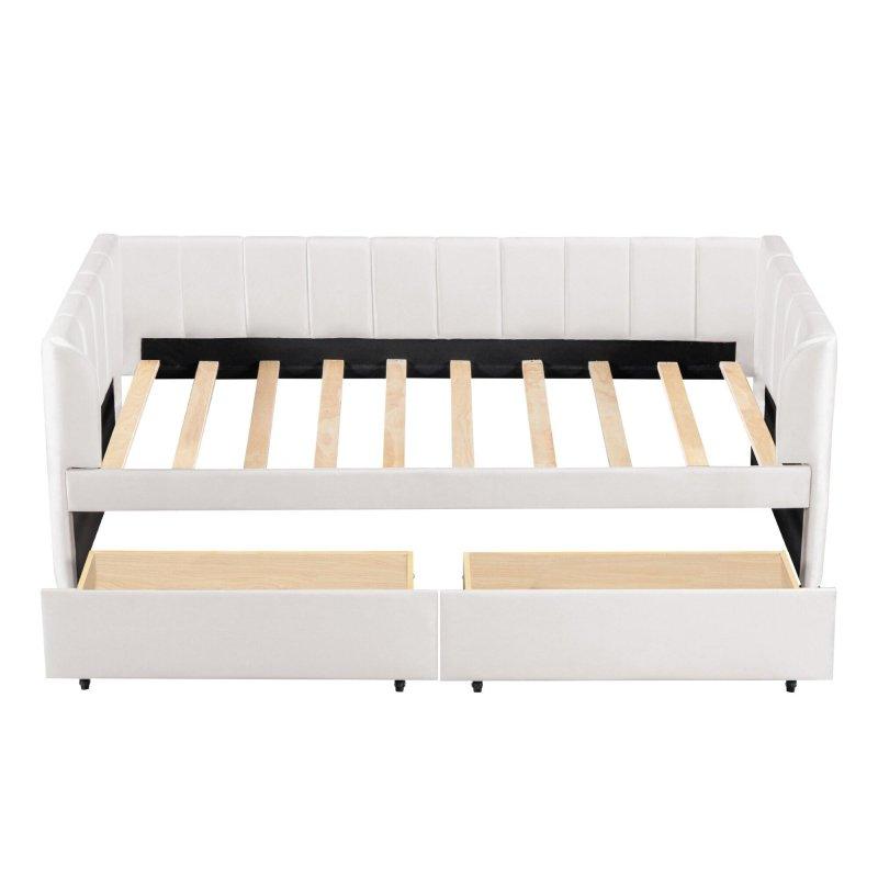 Bej Kadife Kumaş Ahşap 2 Çekmeceli Ergonomik Sırtlıklı Daybed Karyola - 203x107 cm - 330117