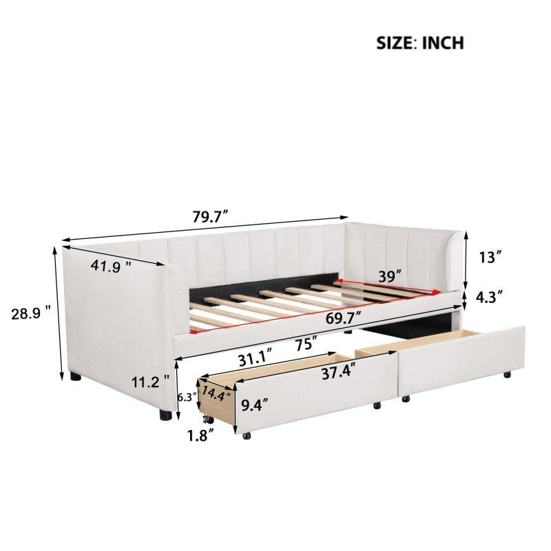 Bej Kadife Kumaş Ahşap 2 Çekmeceli Ergonomik Sırtlıklı Daybed Karyola - 203x107 cm - 330117
