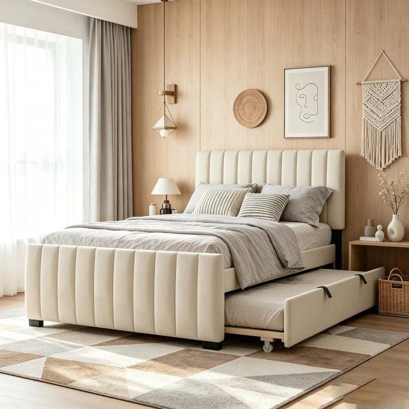 Bej Kadife Kumaş Başlıklı Yavru Yataklı Karyola - 328802