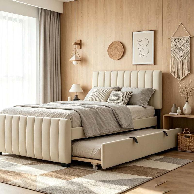 Bej Kadife Kumaş Başlıklı Yavru Yataklı Karyola - 328802