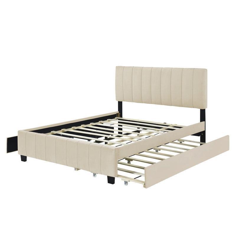Bej Kadife Kumaş Kapitoneli Başlıklı 2 Çekmeceli Yavru Yataklı Karyola - 165x215 cm - 328681