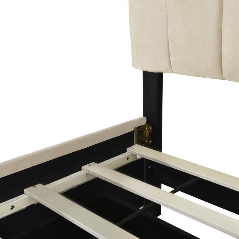 Bej Kadife Kumaş Kapitoneli Başlıklı 2 Çekmeceli Yavru Yataklı Karyola - 165x215 cm - 328681