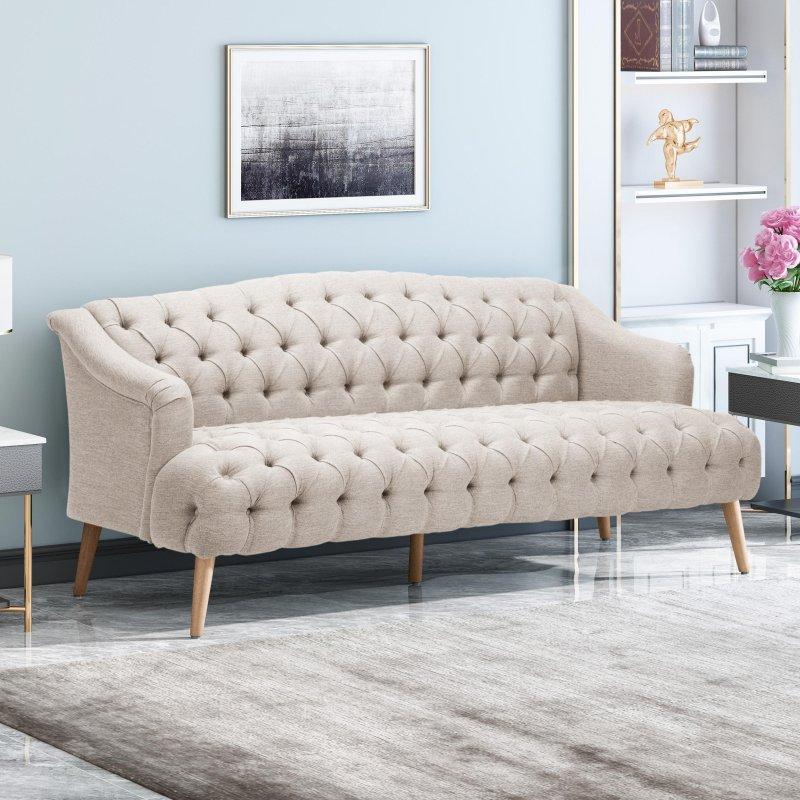 Bej Kadife Kumaş Kapitoneli Huş Ağacı Ayaklı 3 Kişilik Bohem Koltuk - 187x85 cm - 284984