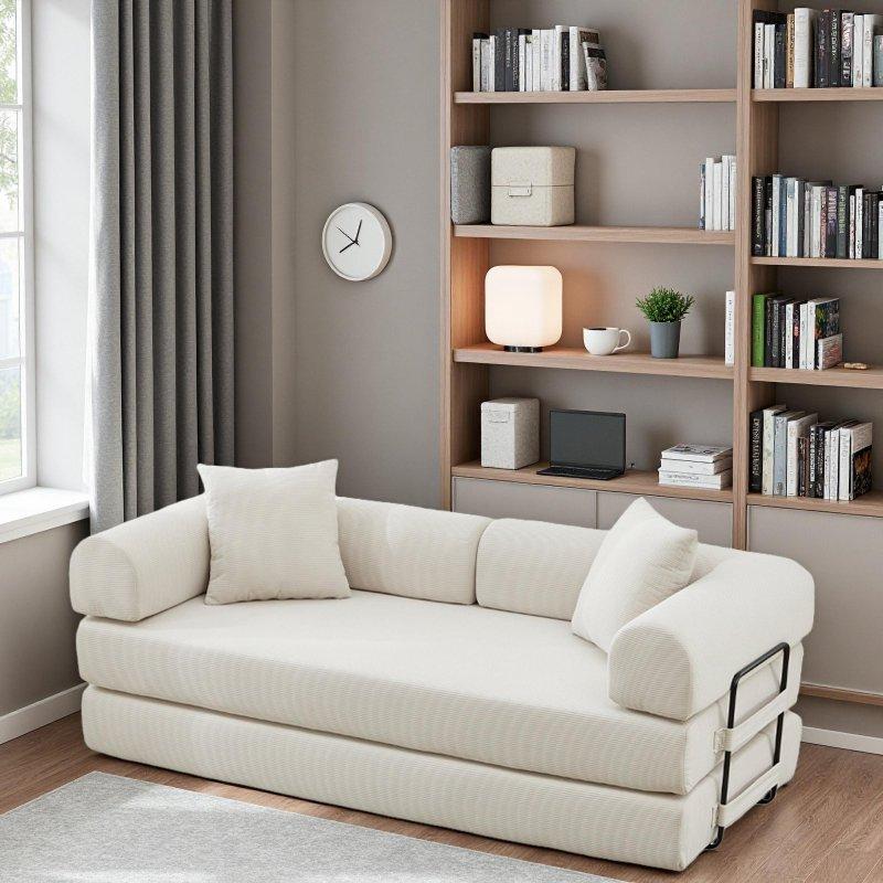 Bej Kadife Kumaş Katlanabilir Yataklı 2 Yastıklı Bohem Koltuk - 161 cm - 279950