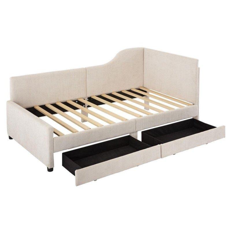 Bej Kadife Kumaş L Şeklinde 2 Çekmeceli Daybed Karyola - 190x182x98 cm - 330531