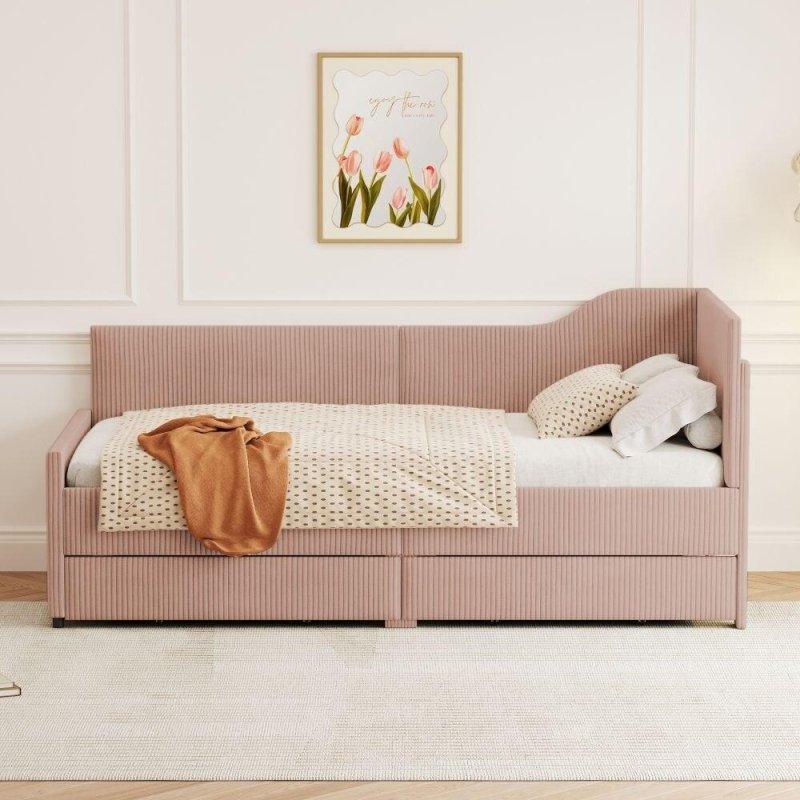 Bej Kadife Kumaş L Şeklinde 2 Çekmeceli Daybed Karyola - 190x182x98 cm - 330531