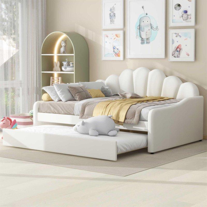 Bej Kadife Kumaş Masif Ahşap Yavru Yataklı Deniz Kabuğu Sırtlıklı Daybed Karyola - 203x149 cm - 330225