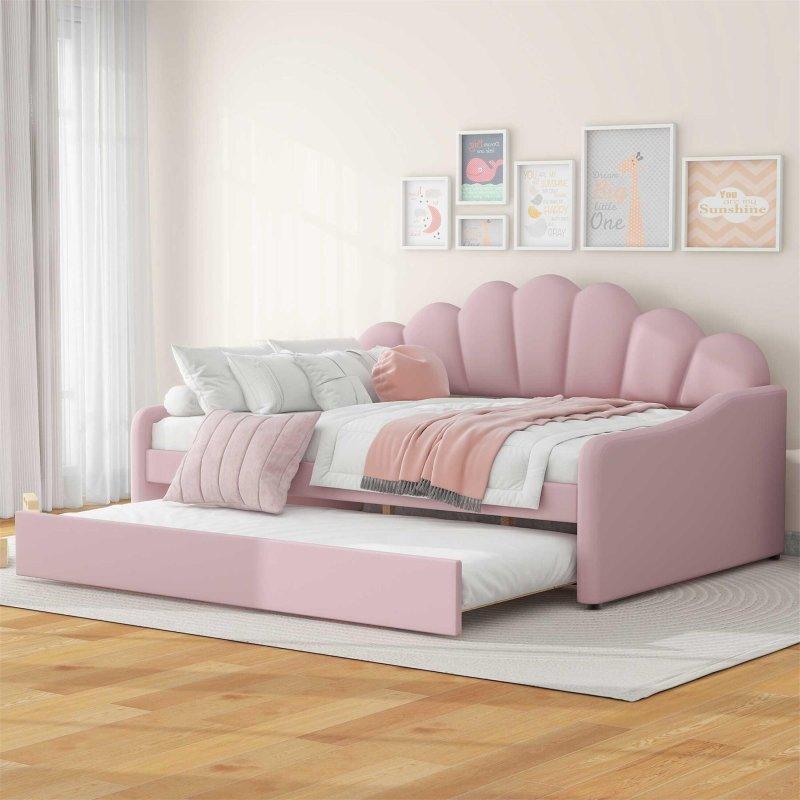 Bej Kadife Kumaş Masif Ahşap Yavru Yataklı Deniz Kabuğu Sırtlıklı Daybed Karyola - 203x149 cm - 330225