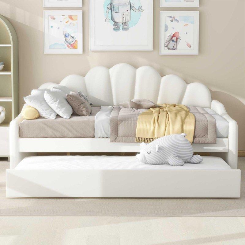 Bej Kadife Kumaş Masif Ahşap Yavru Yataklı Deniz Kabuğu Sırtlıklı Daybed Karyola - 203x149 cm - 330225 Bej Kadife Kumaş Masif Ahşap Yavru Yataklı Deniz Kabuğu Sırtlıklı Daybed Karyola - 203x149 cm - 330225
