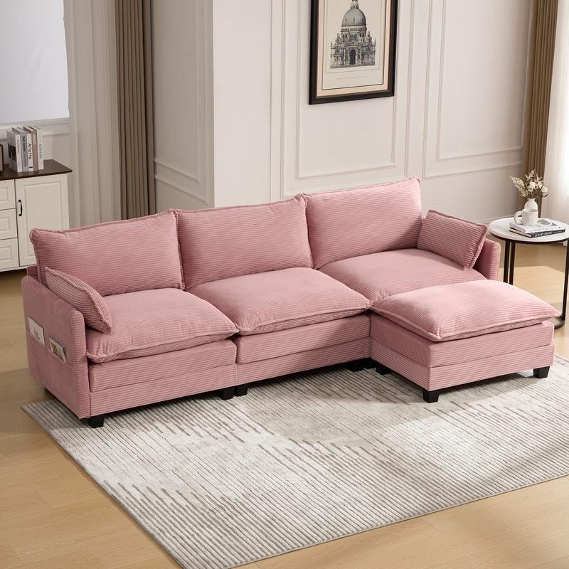 Bej Kadife Kumaş Modüler Cepli ve Hareketli Puflu Köşe Koltuk - 255682