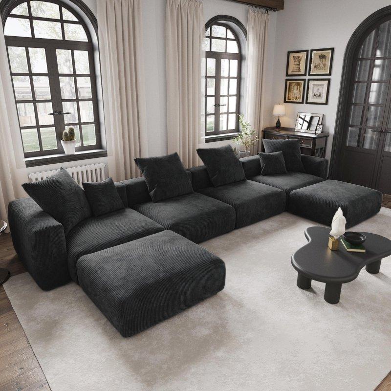 Bej Kadife Kumaş Modüler Puflu U Köşe Koltuk Takımı - 461x190 cm - 259716