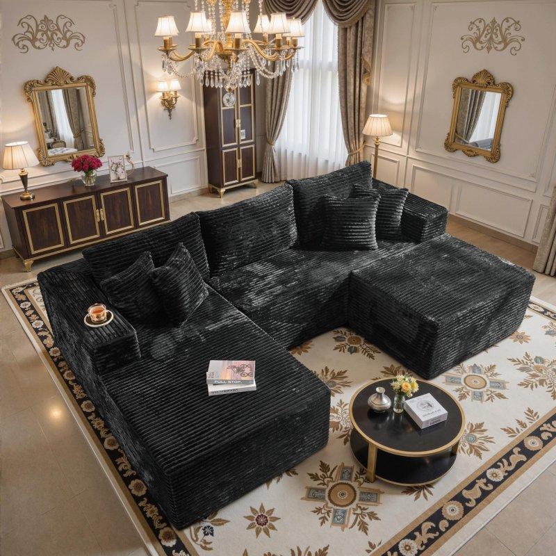 Bej Kadife Kumaş Modüler Puflu U Şekilli Köşe Koltuk - 276x178 cm - 258708