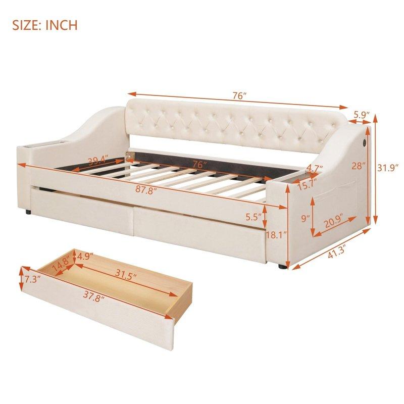 Bej Kadife Kumaş USB Portlu 2 Çekmeceli Daybed Karyola - 329932
